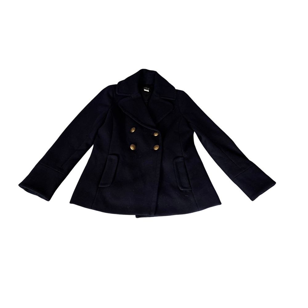 J.Crew Navy Blue Wool Belted Pea Coat Gold Crest Buttons Size 4